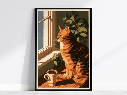 Cat Watches Morning Poster | Warm Ochre Illustrative Art Print | Cat Lover Wall Art — framed print on the wall, 24x36 in