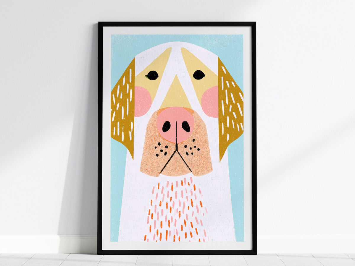 Golden Ears Poster | Mustard and Pink Illustrative Art Print | Kids Room Wall Art — framed print on the wall, 24x36 in