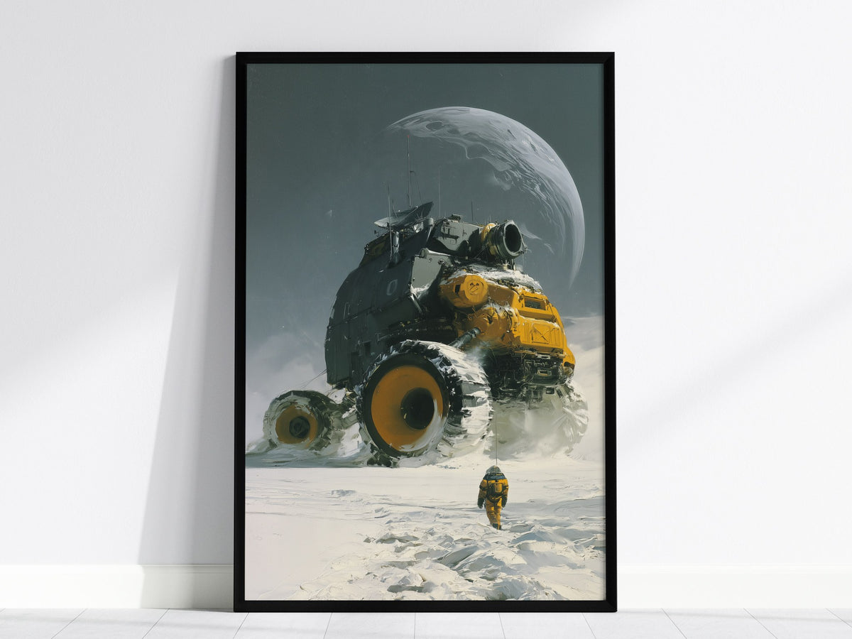 Rover Dwarfs Explorer Poster | Gray and Yellow Oil Painting Art Print | Sci-Fi Wall Art — framed print on the wall, 24x36 in