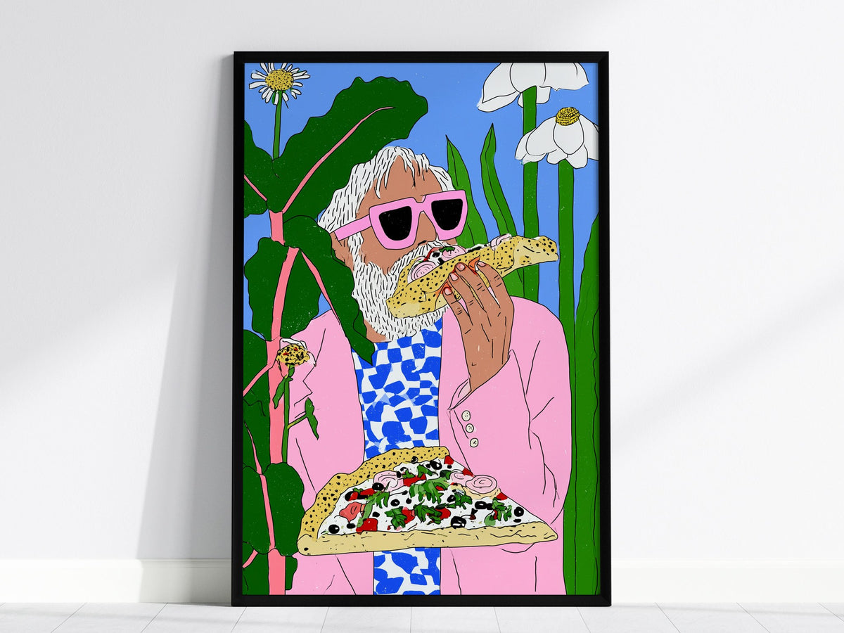 Pizza Garden Poster | Pink and Sky Illustrative Art Print | Surreal Kitchen Wall Art — framed print on the wall, 24x36 in