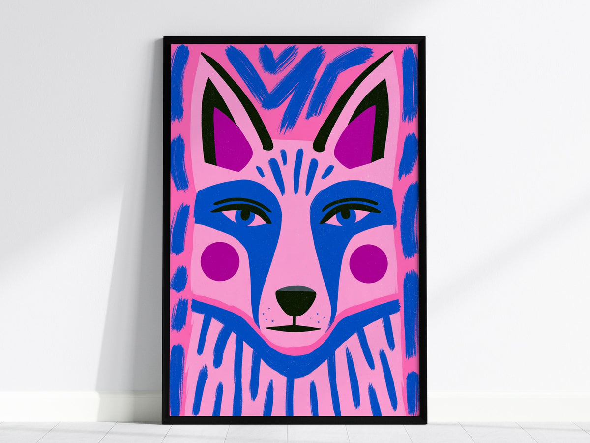 Fox Faces Forward Poster | Pink and Blue Illustrative Art Print | Kids Room Wall Art — framed print on the wall, 24x36 in