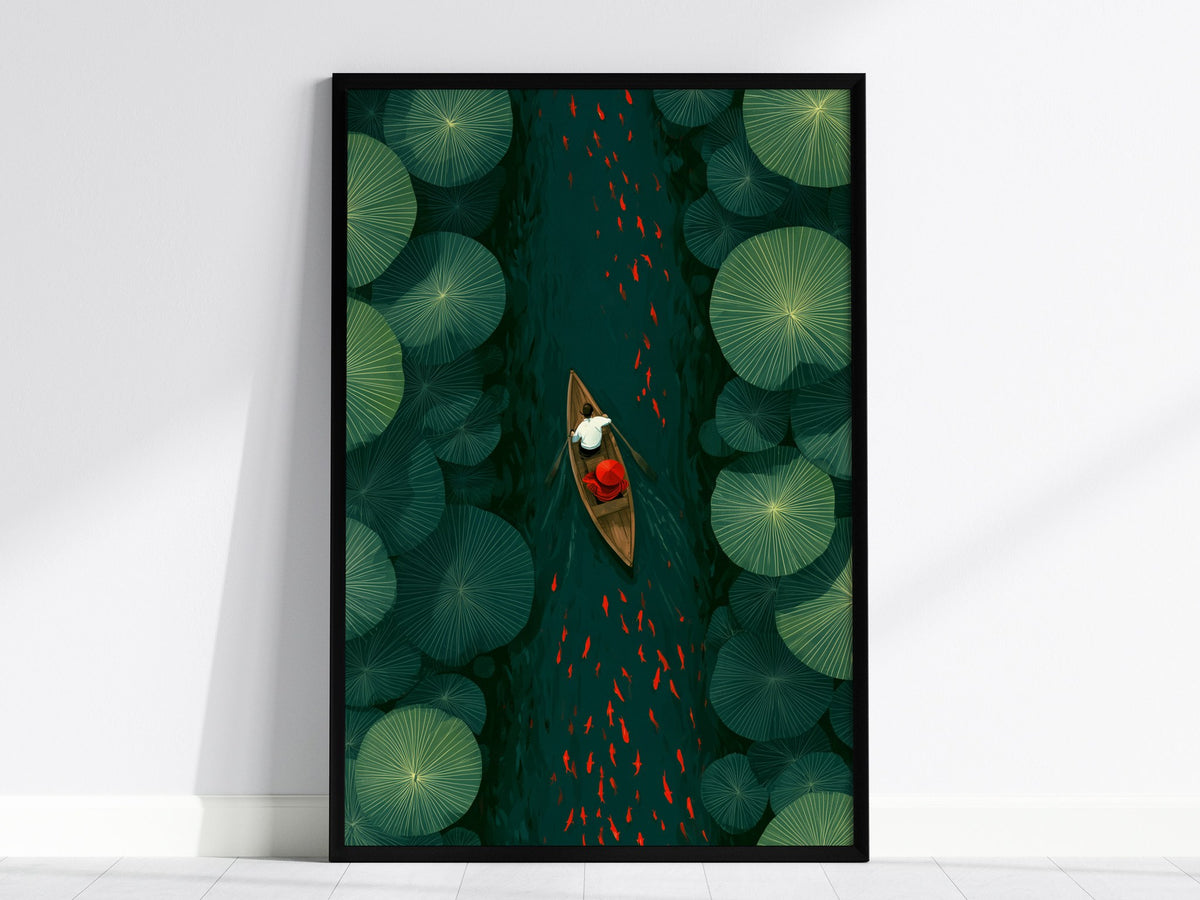 Lily Pad Passage Poster | Forest Green Illustrative Art Print | Botanical Wall Art — framed print on the wall, 24x36 in