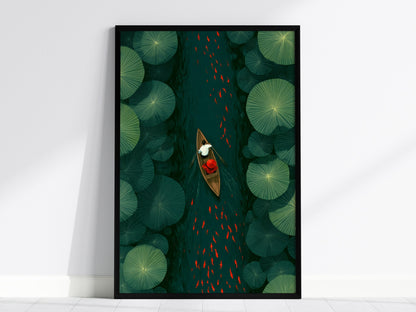 Lily Pad Passage Poster | Forest Green Illustrative Art Print | Botanical Wall Art — framed print on the wall, 24x36 in