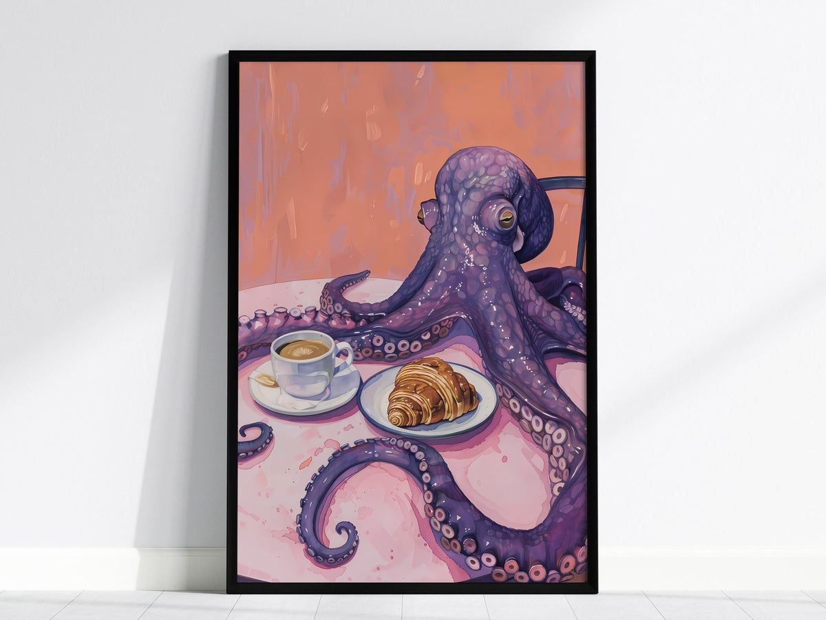 Breakfast Octopus Poster | Purple and Coral Illustrative Art Print | Kitchen Wall Art — framed print on the wall, 24x36 in