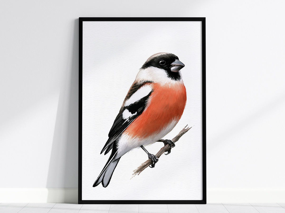 Bullfinch Owns Branch Poster | Orange and Black Watercolor Art Print | Naturalist Wall Art — framed print on the wall, 24x36