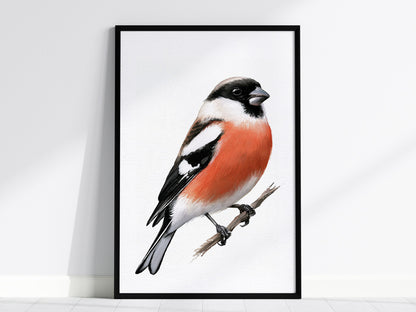 Bullfinch Owns Branch Poster | Orange and Black Watercolor Art Print | Naturalist Wall Art — framed print on the wall, 24x36