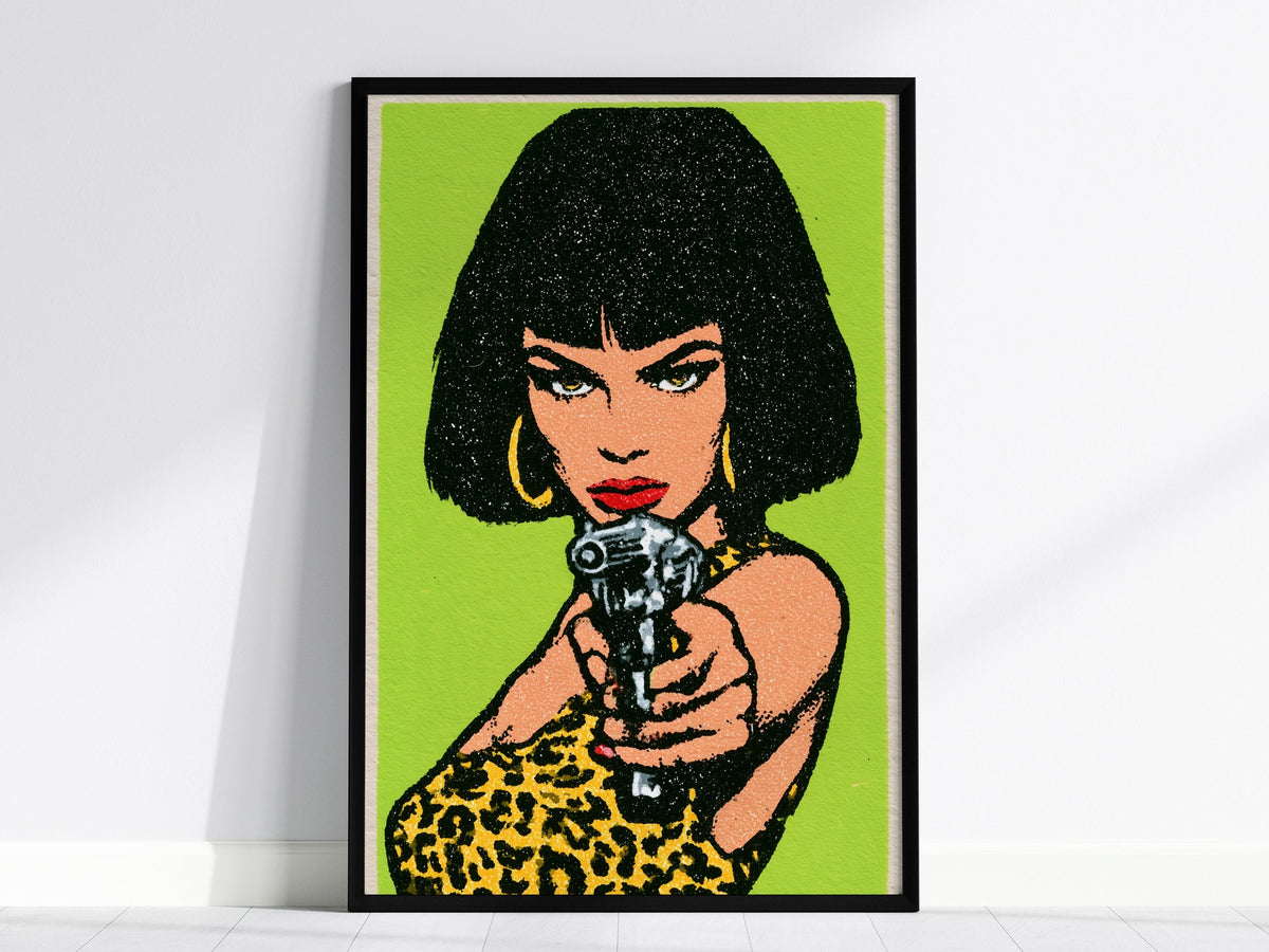 She Means Business Poster | Lime and Yellow Screen Print Art Print | Bold Maximalist Wall Art — framed print on the wall, 24x