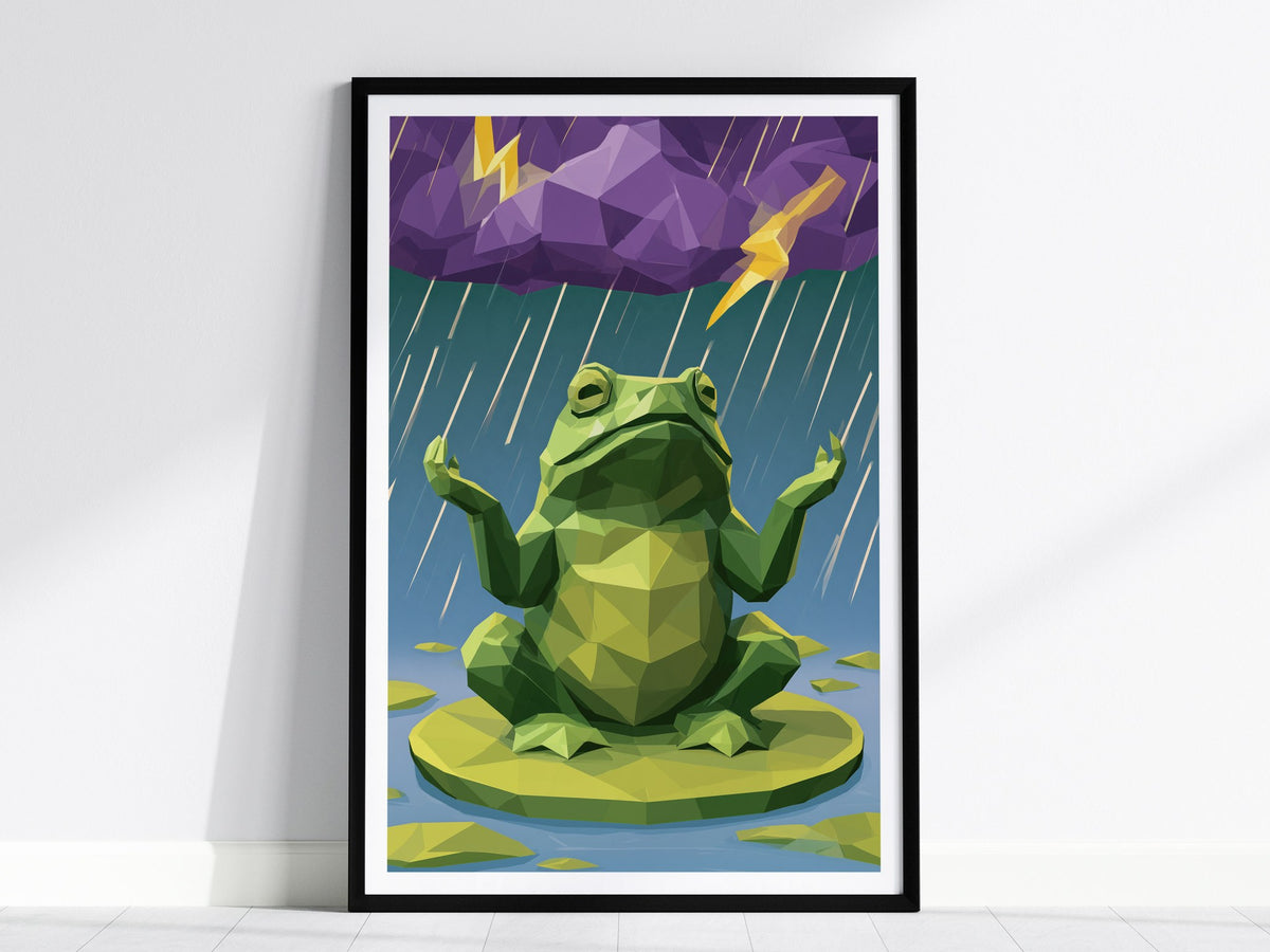 Toad Conducts Rain Poster | Green and Purple Low Poly Art Print | Kids Room Wall Art — framed print on the wall, 24x36 in