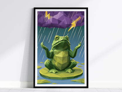 Toad Conducts Rain Poster | Green and Purple Low Poly Art Print | Kids Room Wall Art — framed print on the wall, 24x36 in