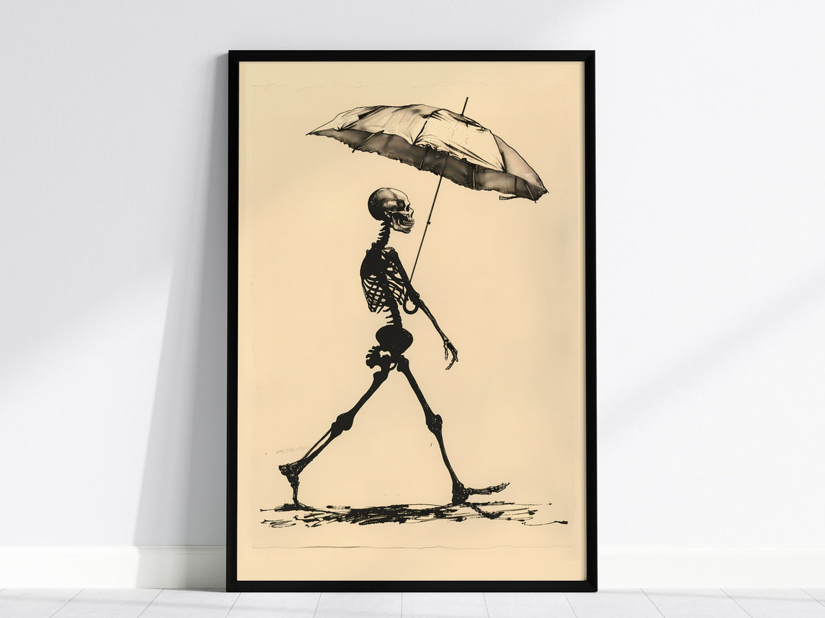 Skeleton with Umbrella Poster | Black and Cream Pen and Ink Art Print | Dark Humor Wall Art — framed print on the wall, 24x36