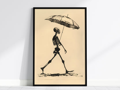 Skeleton with Umbrella Poster | Black and Cream Pen and Ink Art Print | Dark Humor Wall Art — framed print on the wall, 24x36