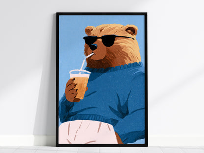 Cool Bear Sips Poster | Pastel Blue Illustrative Art Print | Kids Room Wall Art — framed print on the wall, 24x36 in