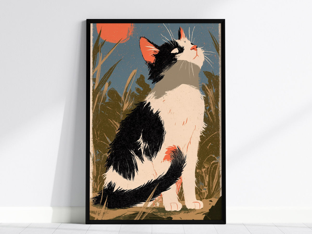 Cat Chasing Tail Poster | Cream and Coral Illustrative Art Print | Kids Room Wall Art — framed print on the wall, 24x36 in
