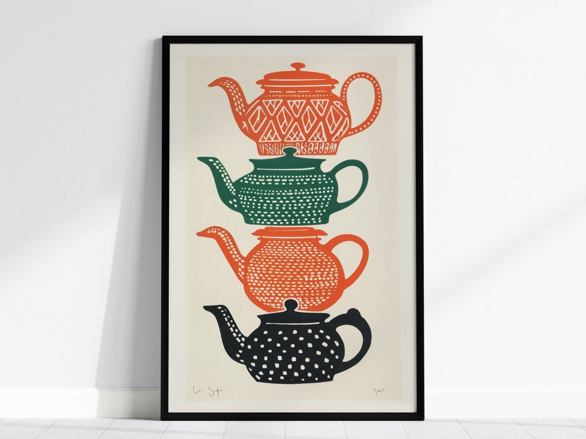 Stacked Teapots Poster | Burnt Orange Screen Print Art Print | Kitchen Wall Art — framed print on the wall, 24x36 in