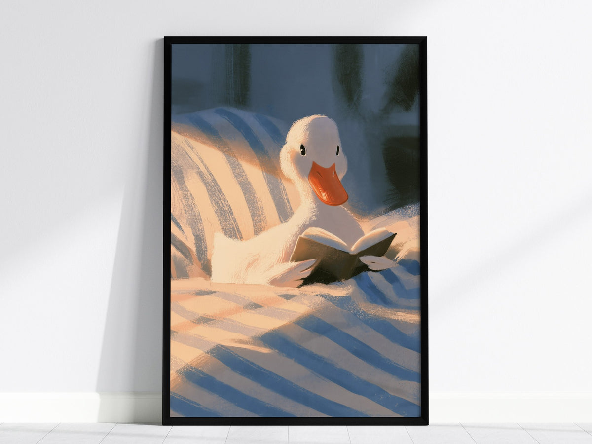 Duck Reads in Bed Poster | Soft Blue Illustrative Art Print | Kids Room Wall Art — framed print on the wall, 24x36 in