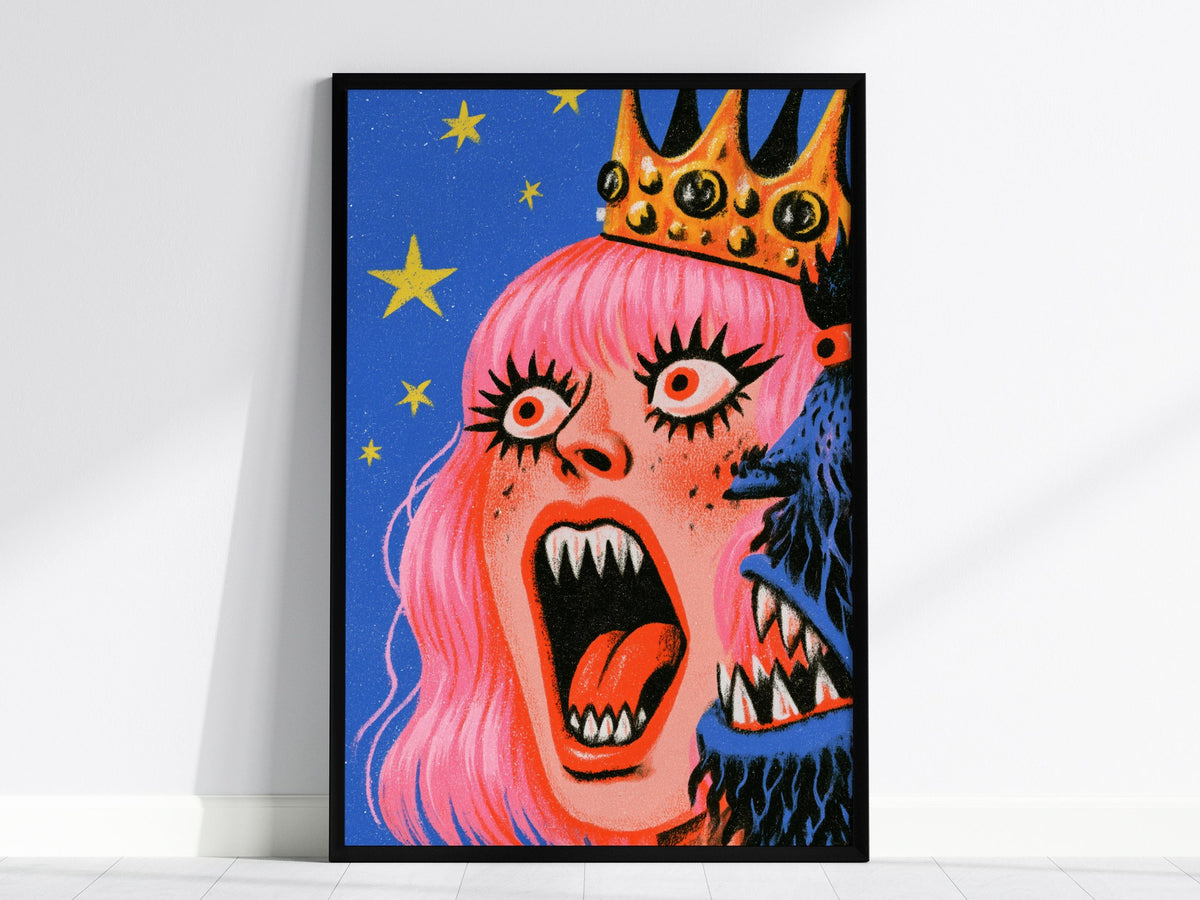 Queen Roars Back Poster | Jewel and Gold Illustrative Art Print | Dark Fantasy Wall Art — framed print on the wall, 24x36 in