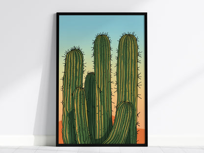 Cactus Garden Poster | Green and Coral Japanese Woodblock Art Print | Southwestern Wall Art — framed print on the wall, 24x36