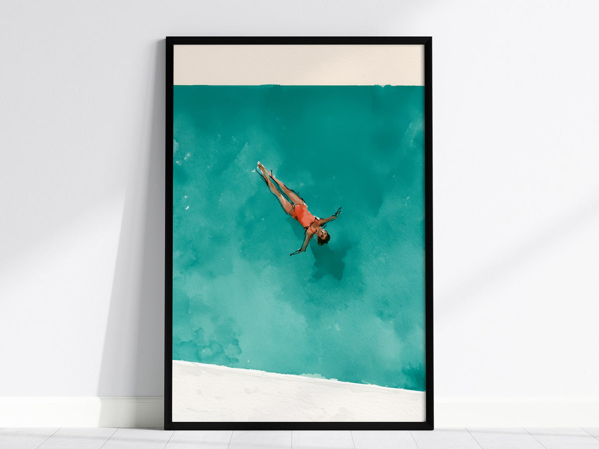Swimmer in Pool Poster | Teal and Coral Watercolor Art Print | Spa Wall Art — framed print on the wall, 24x36 in
