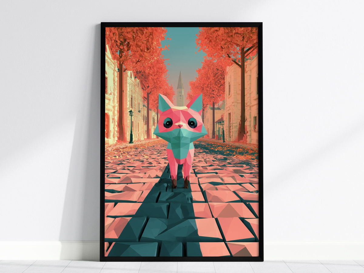 Fox Owns Street Poster | Pink and Teal Low Poly Art Print | Digital Art Wall Art — framed print on the wall, 24x36 in