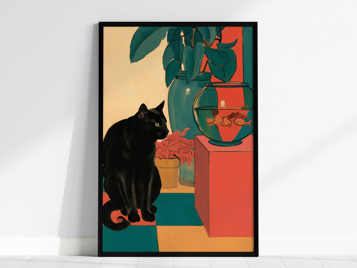 cat-and-goldfish Poster | Coral and Teal Matisse Style Art Print | Modern Home Wall Art — framed print on the wall, 24x36 in