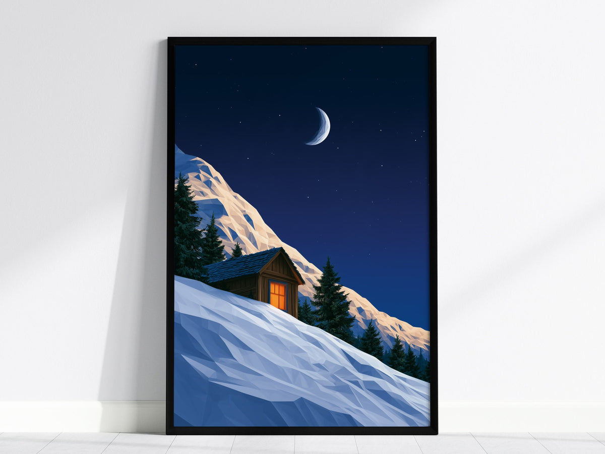 Mountain Cabin Waits Poster | Cobalt and Orange Low Poly Art Print | Mountain Modern Wall Art — framed print on the wall, 24x