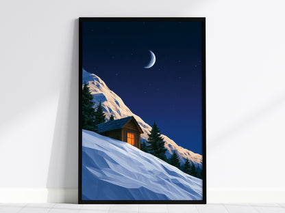 Mountain Cabin Waits Poster | Cobalt and Orange Low Poly Art Print | Mountain Modern Wall Art — framed print on the wall, 24x