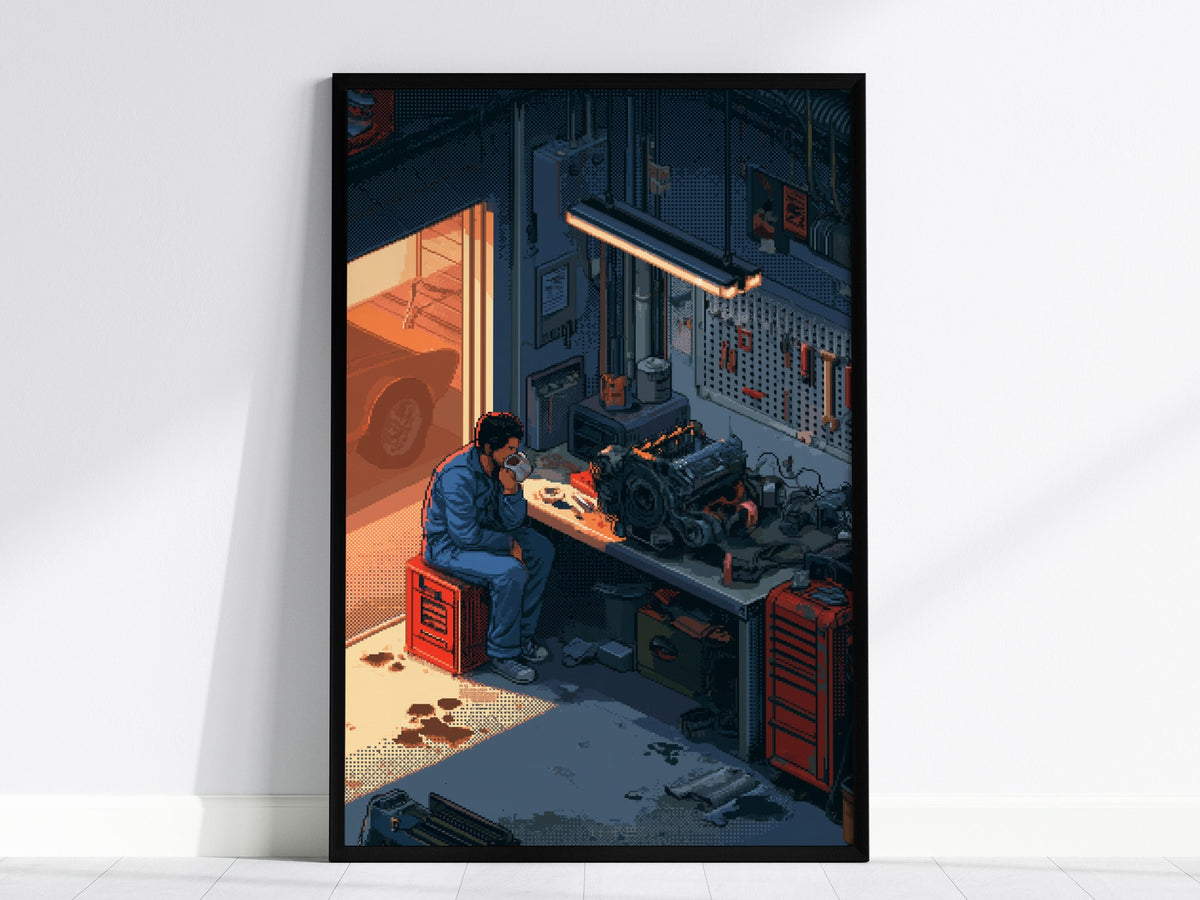 Mechanic Drinks Coffee Poster | Blue and Orange Pixel Art Print | Workshop Wall Art — framed print on the wall, 24x36 in