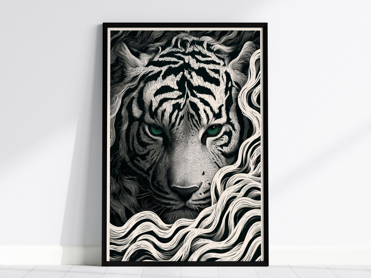 White Tiger Surfaces Poster | Black and Cream Pen and Ink Art Print | Dark Academia Wall Art — framed print on the wall, 24x3