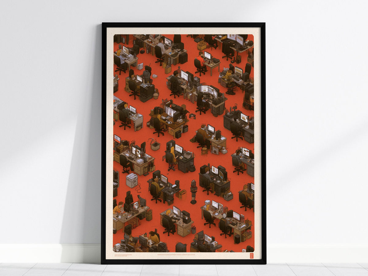 Five at Screens Poster | Orange and Pink Illustrative Art Print | Home Office Wall Art — framed print on the wall, 24x36 in