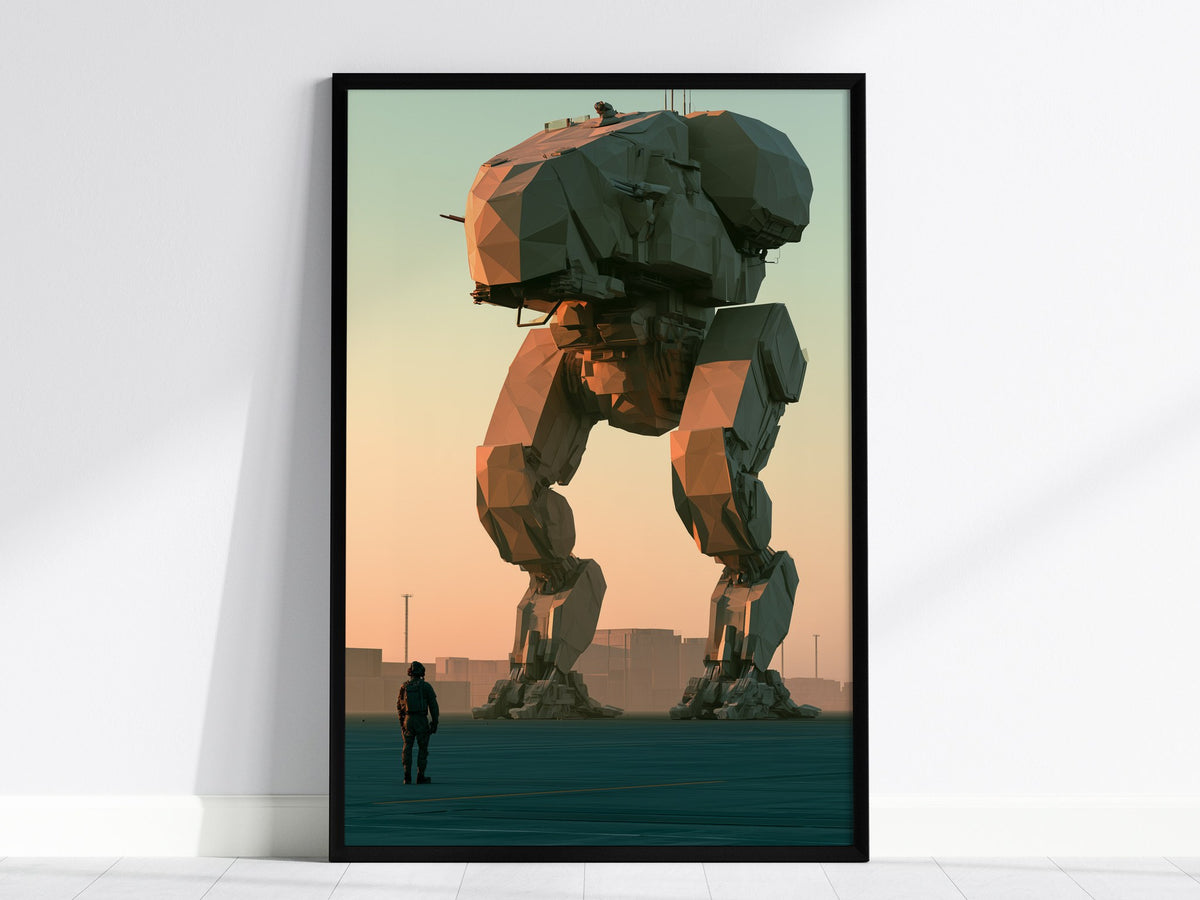 Mech Waits Dawn Poster | Teal and Orange Low Poly Art Print | Sci-Fi Wall Art — framed print on the wall, 24x36 in