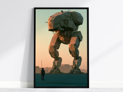 Mech Waits Dawn Poster | Teal and Orange Low Poly Art Print | Sci-Fi Wall Art — framed print on the wall, 24x36 in