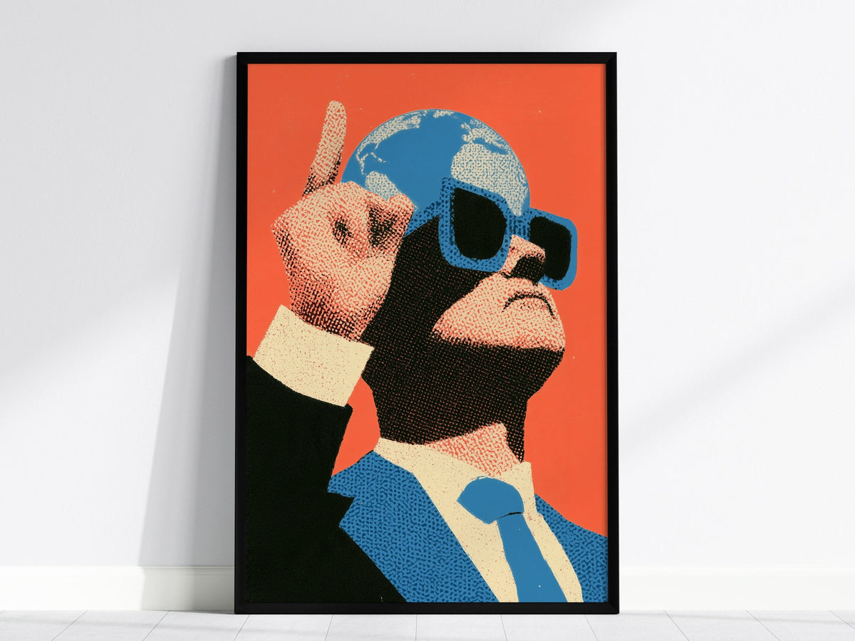 Globe Head Points Up Poster | Coral and Blue Screen Print Art Print | Contemporary Wall Art — framed print on the wall, 24x36