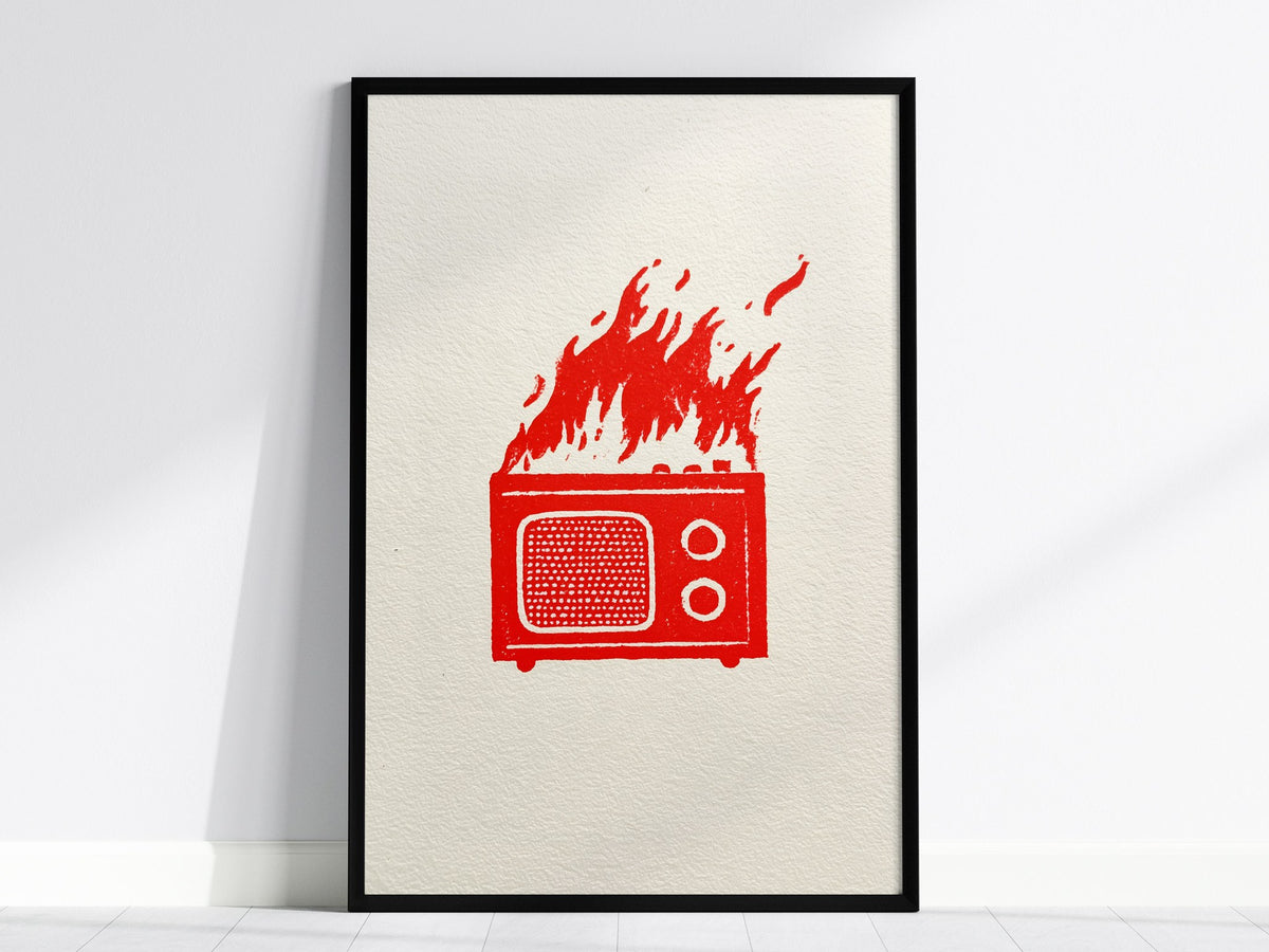 Radio Burns Poster | Red and Blue Screen Print Art Print | Retro Wall Art — framed print on the wall, 24x36 in