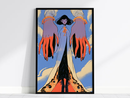Figure Between Hands Poster | Coral and Periwinkle Illustrative Art Print | Art Deco Wall Art — framed print on the wall, 24x