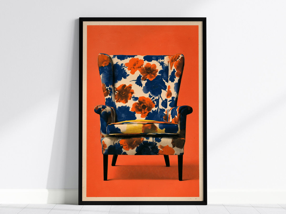 Armchair Blooms Poster | Cobalt and Coral Screen Print Art Print | Mid-Century Wall Art — framed print on the wall, 24x36 in
