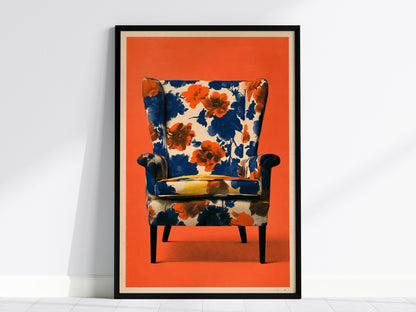 Armchair Blooms Poster | Cobalt and Coral Screen Print Art Print | Mid-Century Wall Art — framed print on the wall, 24x36 in