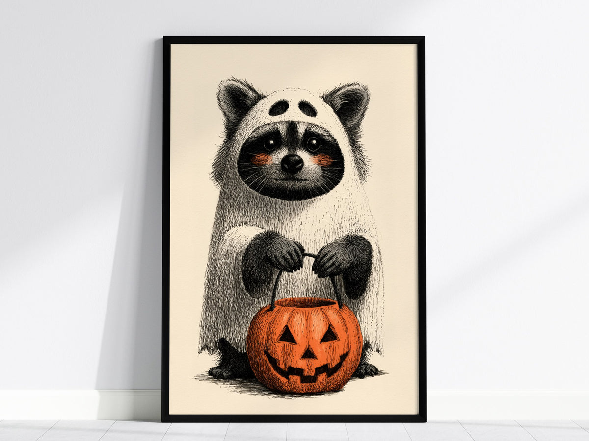 Raccoon Trick-or-treats Poster | Gray and Orange Pen and Ink Art Print | Halloween Wall Art — framed print on the wall, 24x36