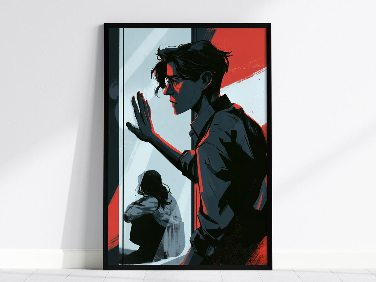 glass-divide Poster | Amber and Teal Illustrative Art Print | Dark Academia Wall Art — framed print on the wall, 24x36 in