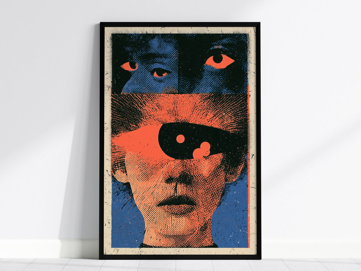 Two Faces Watching Poster | Coral and Teal Screen Print Art Print | Alternative Wall Art — framed print on the wall, 24x36 in