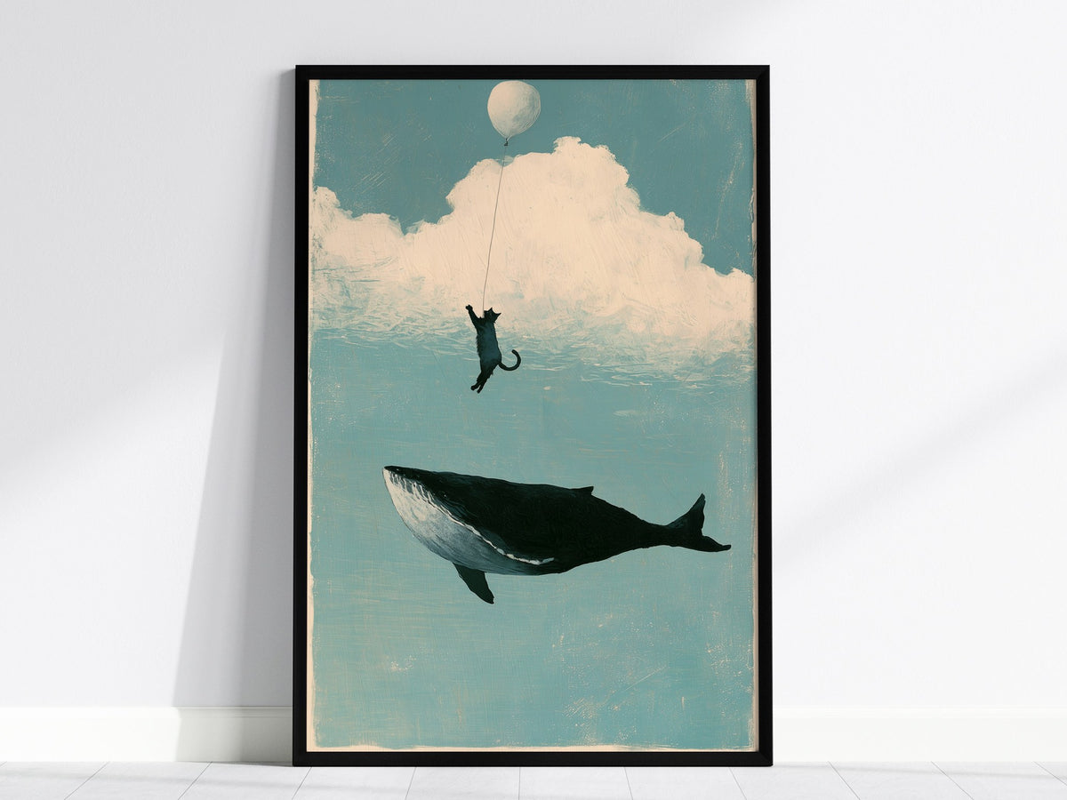 Cloud Fishing Poster | Blue and Cream Illustrative Art Print | Kids Room Wall Art — framed print on the wall, 24x36 in