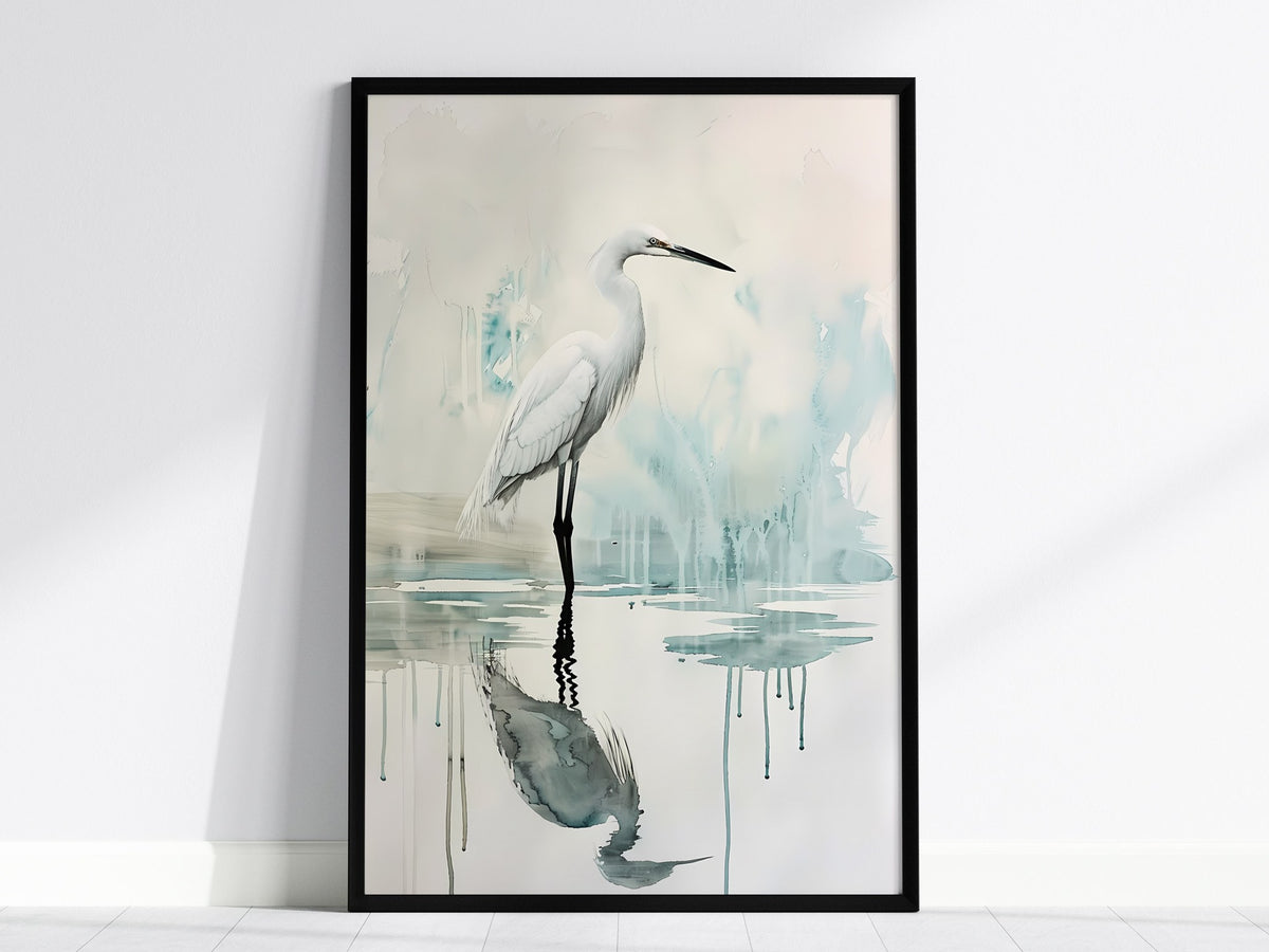 Wading Bird Poster | Sage and Cream Japanese Watercolor Art Print | Minimalist Wall Art — framed print on the wall, 24x36 in