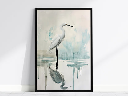 Wading Bird Poster | Sage and Cream Japanese Watercolor Art Print | Minimalist Wall Art — framed print on the wall, 24x36 in