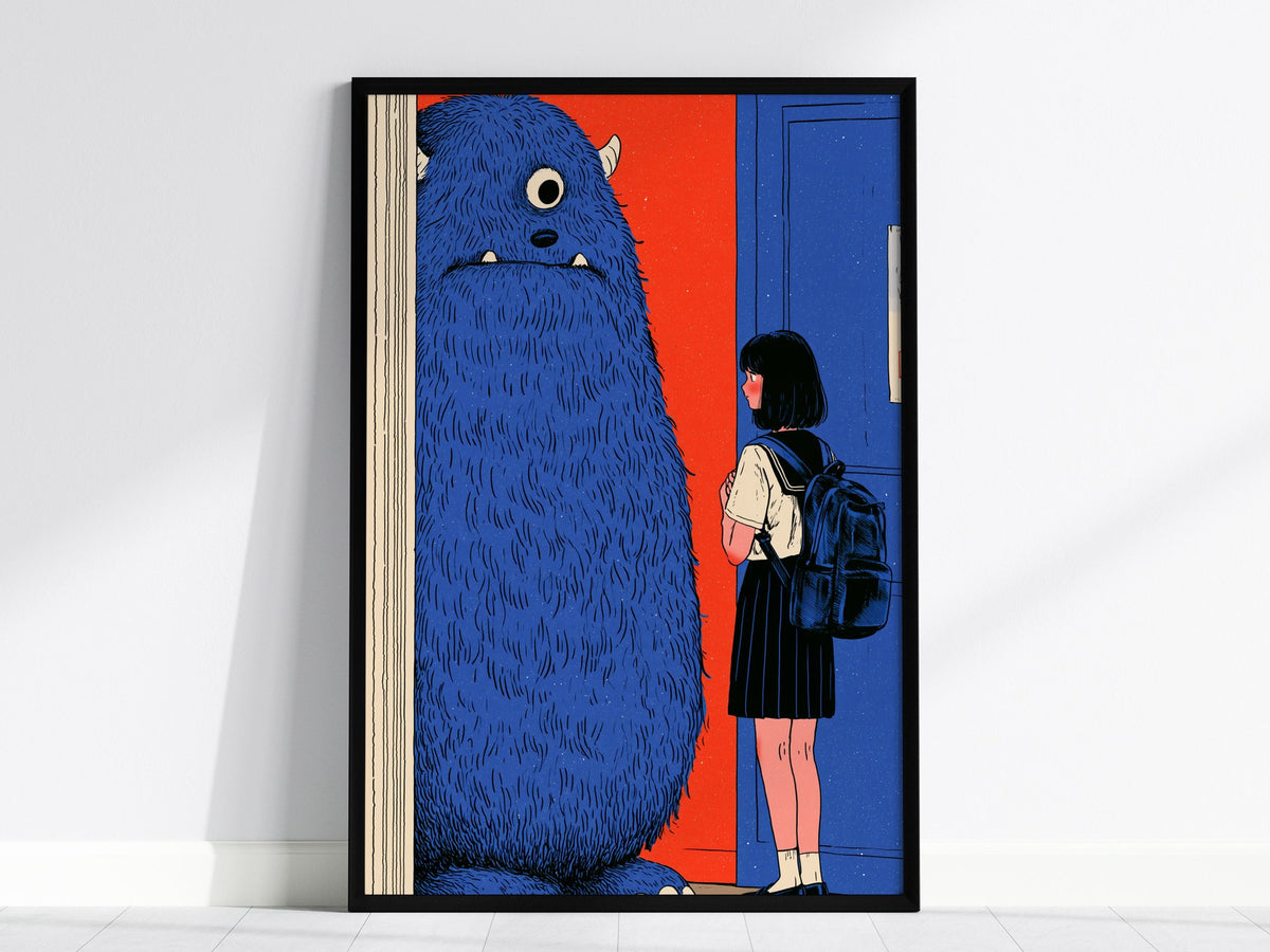 Monster Watches Class Poster | Blue and Orange Illustrative Art Print | Kids Room Wall Art — framed print on the wall, 24x36