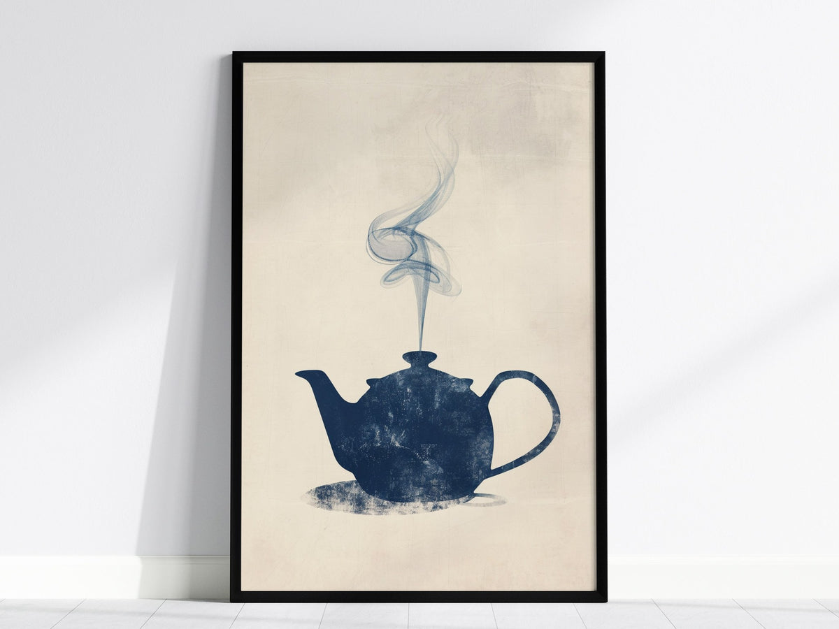 Kettle Steam Poster | Navy and Cream Minimalism Art Print | Kitchen Wall Art — framed print on the wall, 24x36 in