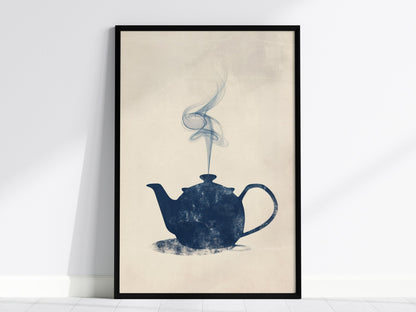 Kettle Steam Poster | Navy and Cream Minimalism Art Print | Kitchen Wall Art — framed print on the wall, 24x36 in