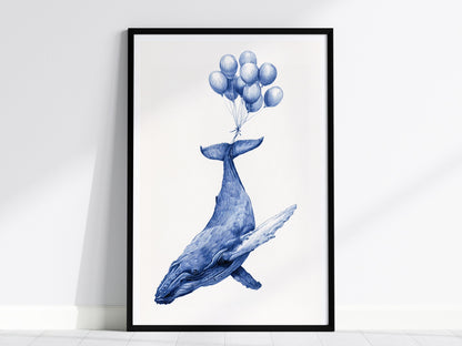 Whale Lifted Away Poster | Black and White Pen and Ink Art Print | Dark Fantasy Wall Art — framed print on the wall, 24x36 in