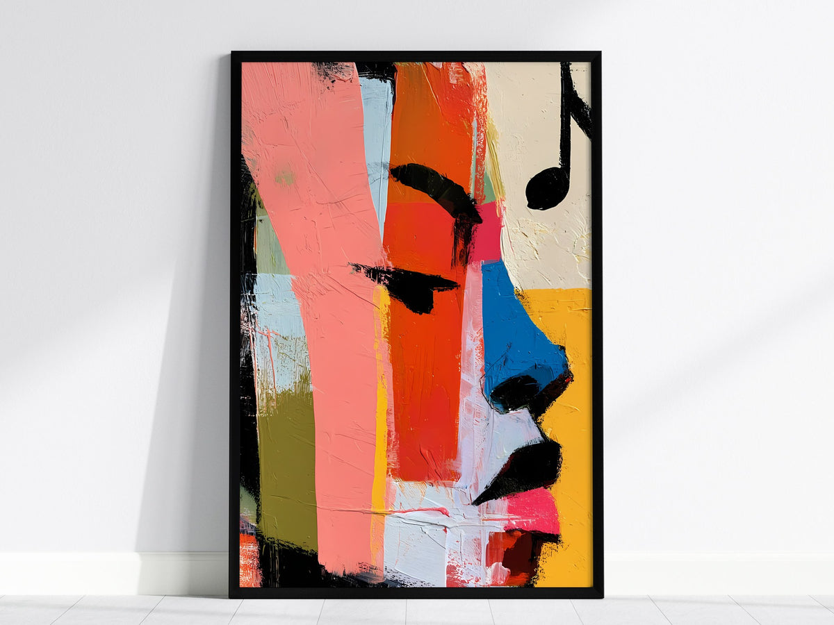 High Note Poster | Coral and Cobalt Abstract Art Print | Music Lover Wall Art — framed print on the wall, 24x36 in