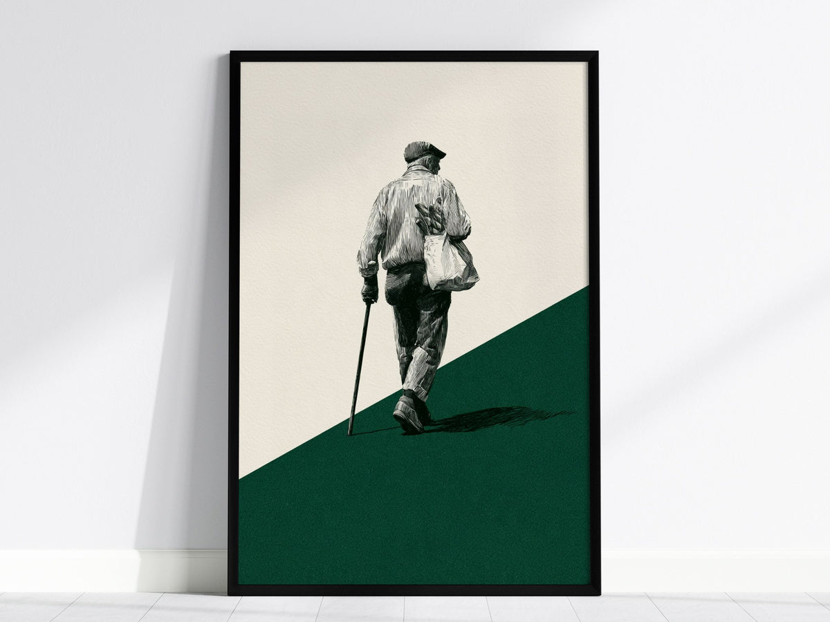 Walking with Bread Poster | Cream and Forest Pen and Ink Art Print | Minimalist Wall Art — framed print on the wall, 24x36 in