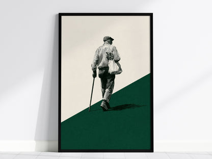 Walking with Bread Poster | Cream and Forest Pen and Ink Art Print | Minimalist Wall Art — framed print on the wall, 24x36 in