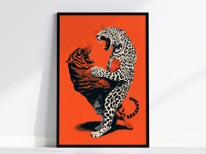 Leopard Battles Tiger Poster | Vermilion and Black Screen Print Art Print | Dark Fantasy Wall Art — framed print on the wall